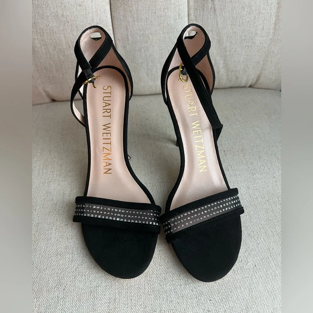 Stuart Weitzman Black Suede Ankle Strap Heels Size 4 Rhinestone Mesh Detail Rare
